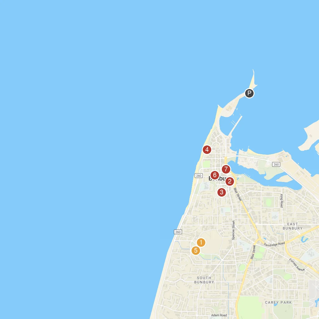 Bunbury, Western Australia, Australia map with numbered points of interest