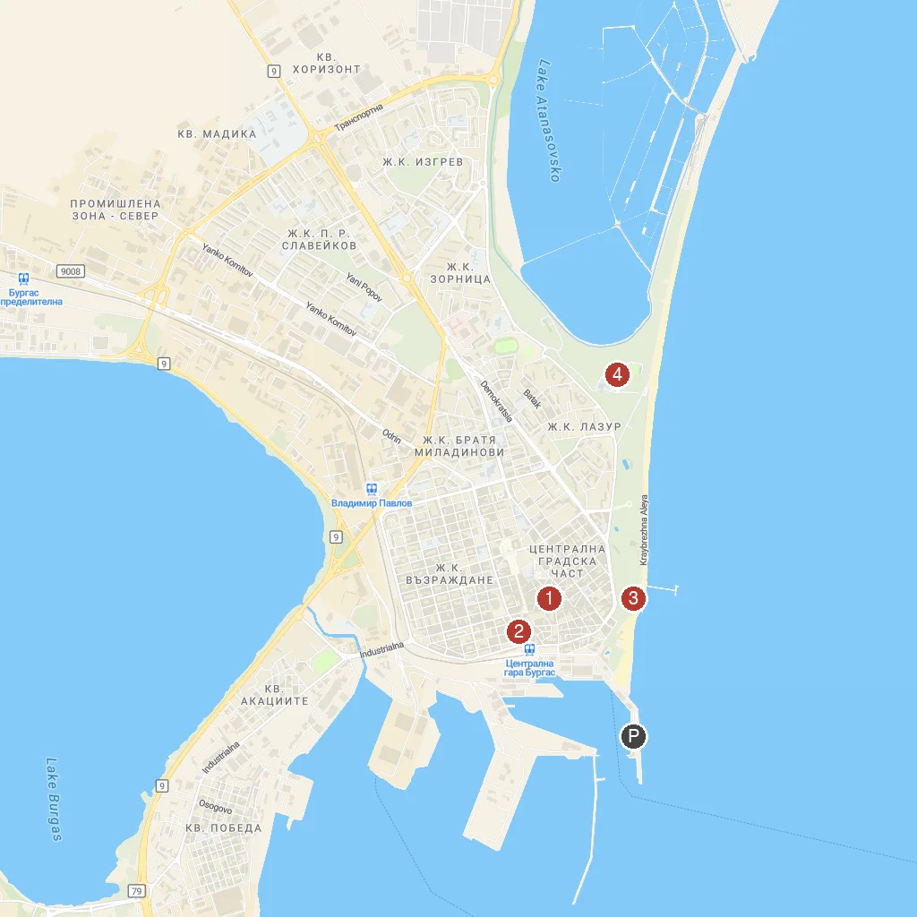 Burgas, Black Sea Coast, Bulgaria map with numbered points of interest