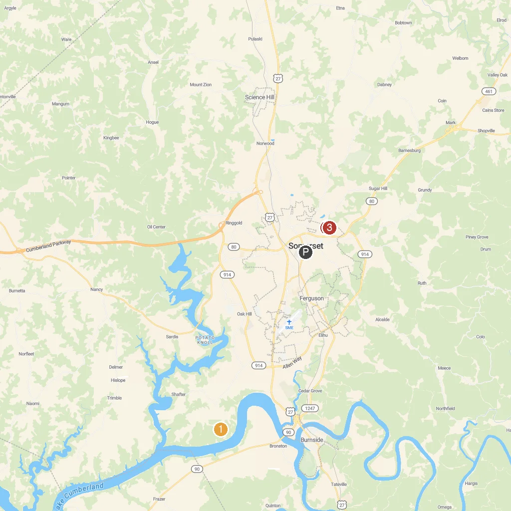 Burnside, Louisiana, USA map with numbered points of interest
