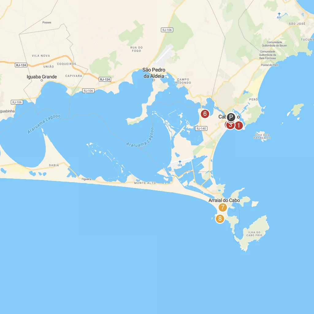 Cabo Frio, Rio de Janeiro, Brazil map with numbered points of interest