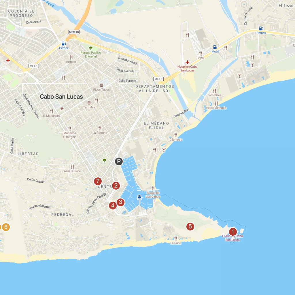 Cabo San Lucas, Baja California Sur, Mexico map with numbered points of interest