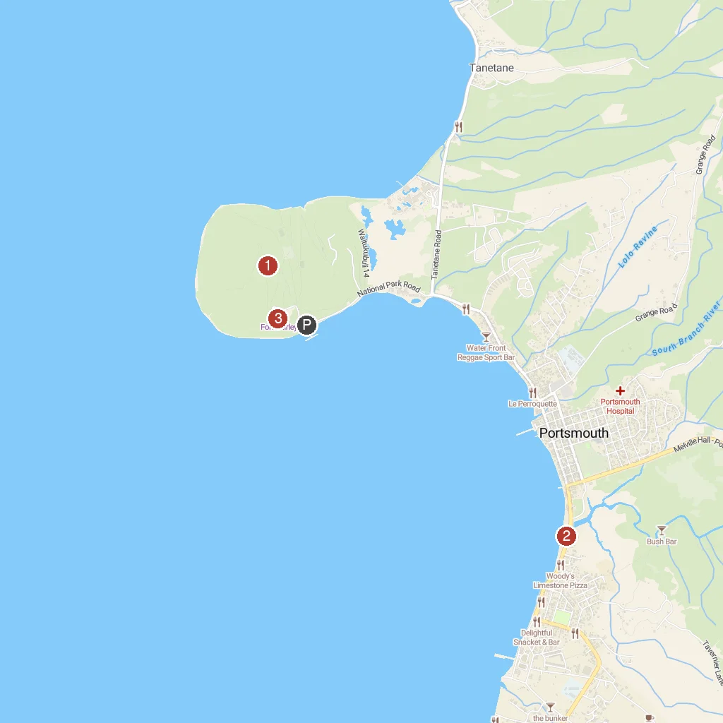 Cabrits, Portsmouth, Dominica map with numbered points of interest