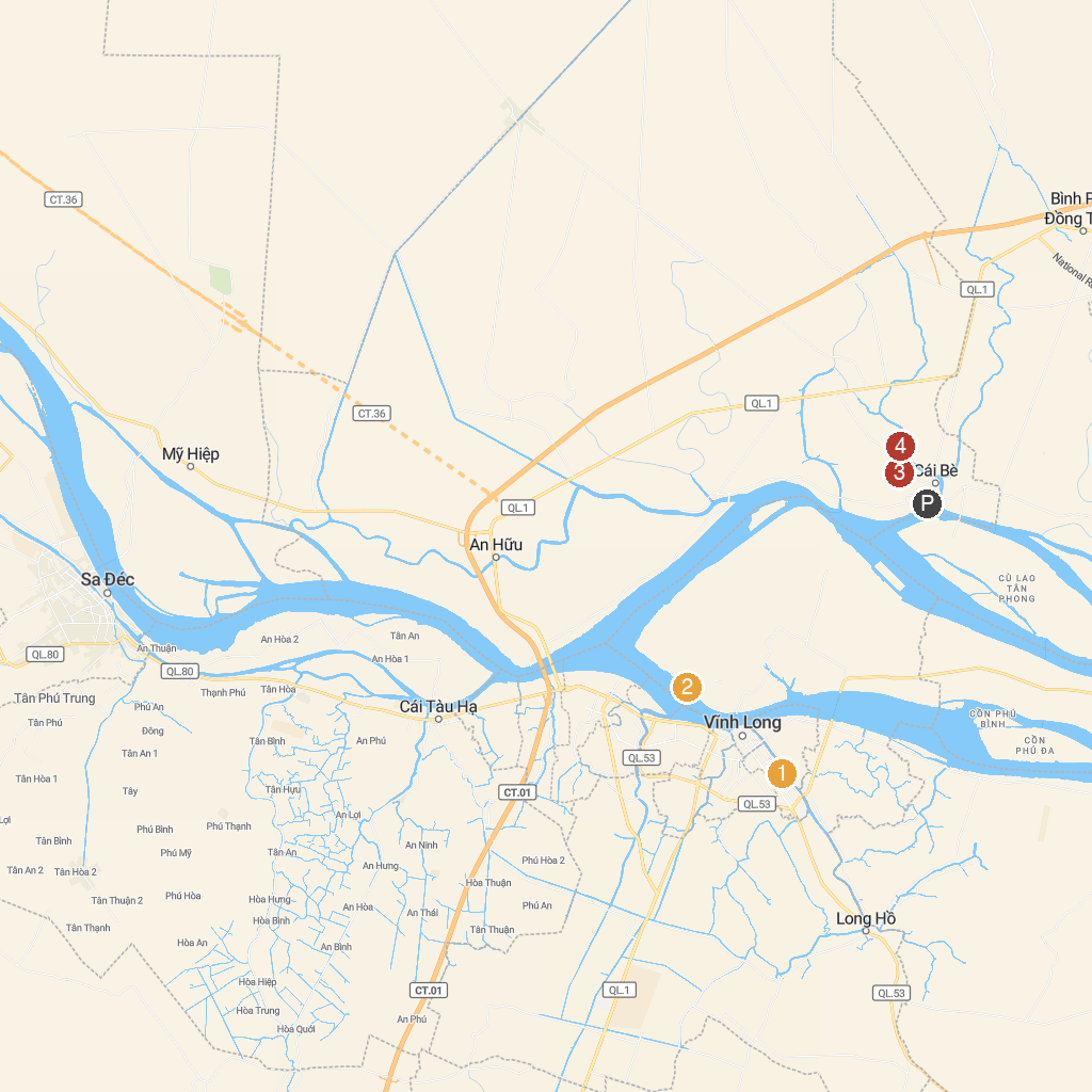 Cai Be, Tien Giang, Vietnam map with numbered points of interest