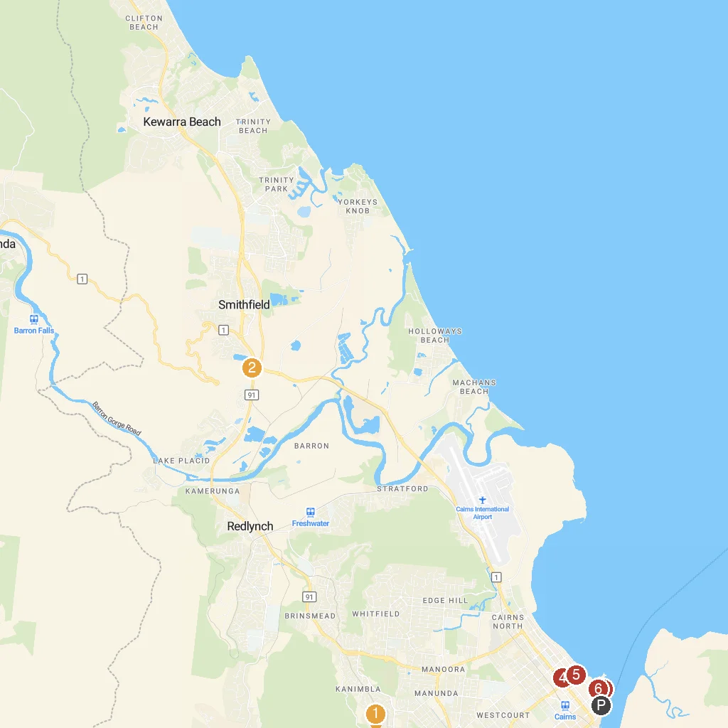 Cairns, Queensland, Australia map with numbered points of interest