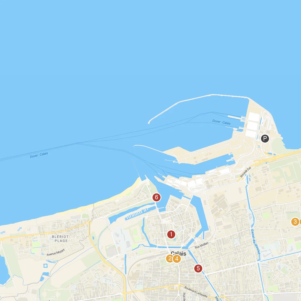Calais, Hauts-de-France, France map with numbered points of interest