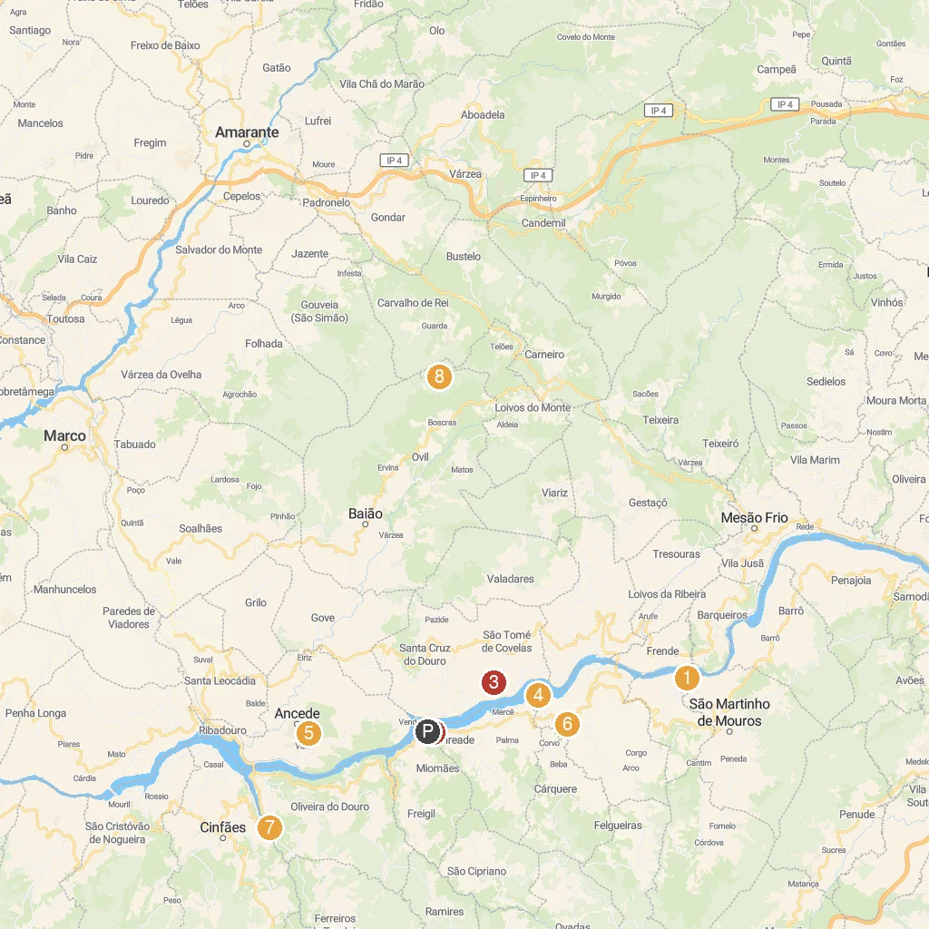Caldas de Aregos, Douro Valley, Portugal map with numbered points of interest