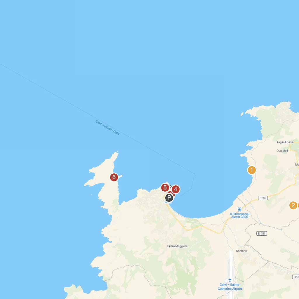 Calvi, Corsica, France map with numbered points of interest