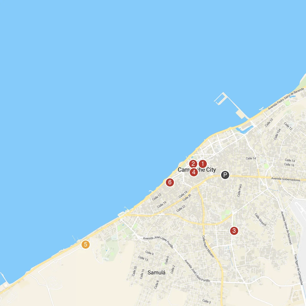 Campeche, Campeche, Mexico map with numbered points of interest