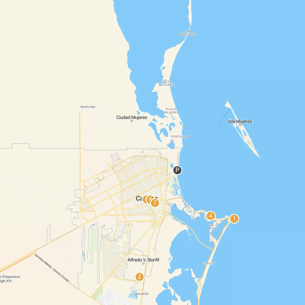 Cancun, Quintana Roo, Mexico map with numbered points of interest