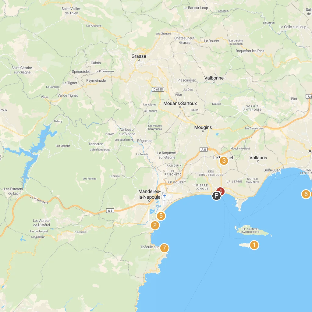 Cannes, Alpes-Maritimes, France map with numbered points of interest