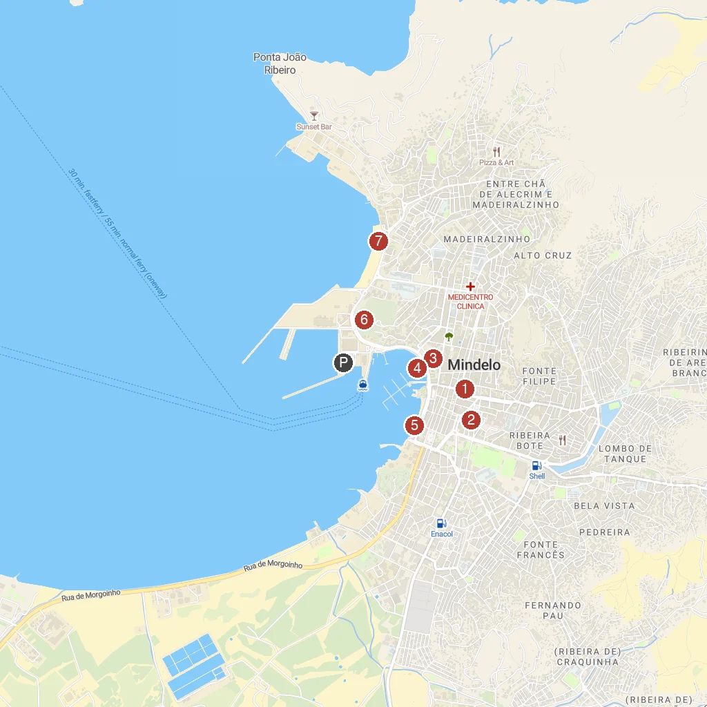 Mindelo, São Vicente, Cape Verde map with numbered points of interest