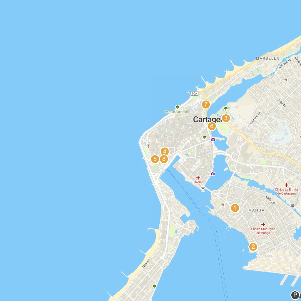Cartagena, Bolívar, Colombia map with numbered points of interest