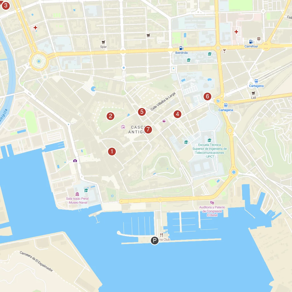 Cartagena, Murcia, Spain map with numbered points of interest