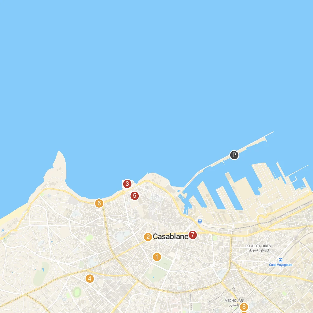 Casablanca, Morocco map with numbered points of interest