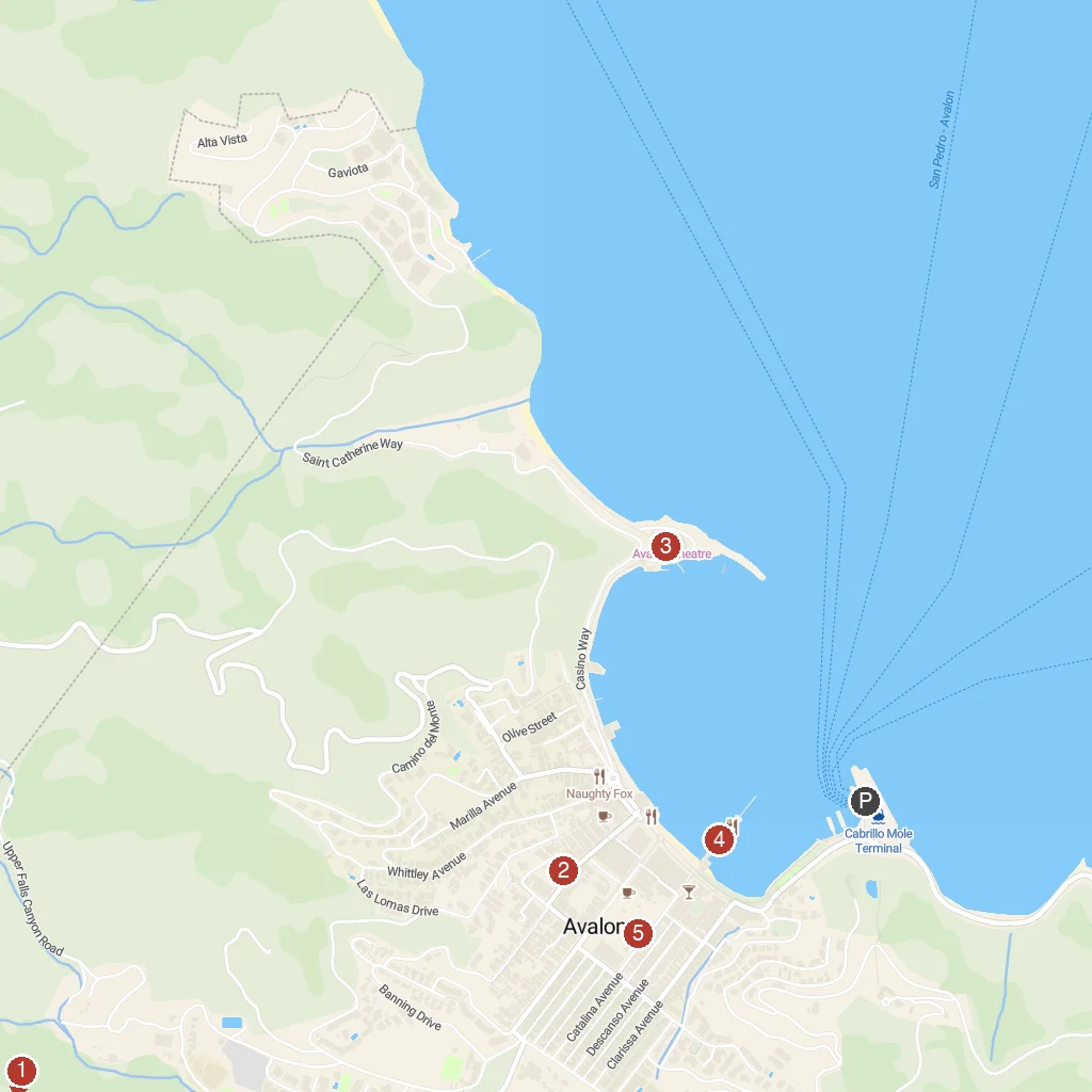 Catalina Island, California, USA map with numbered points of interest