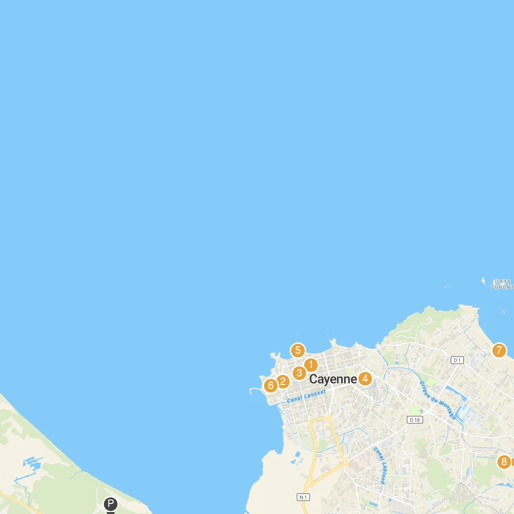 Cayenne, French Guiana, France map with numbered points of interest