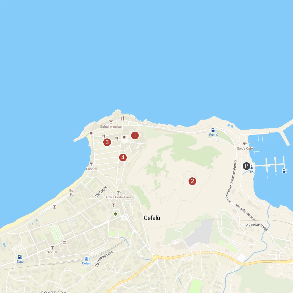 Cefalù, Sicily, Italy map with numbered points of interest