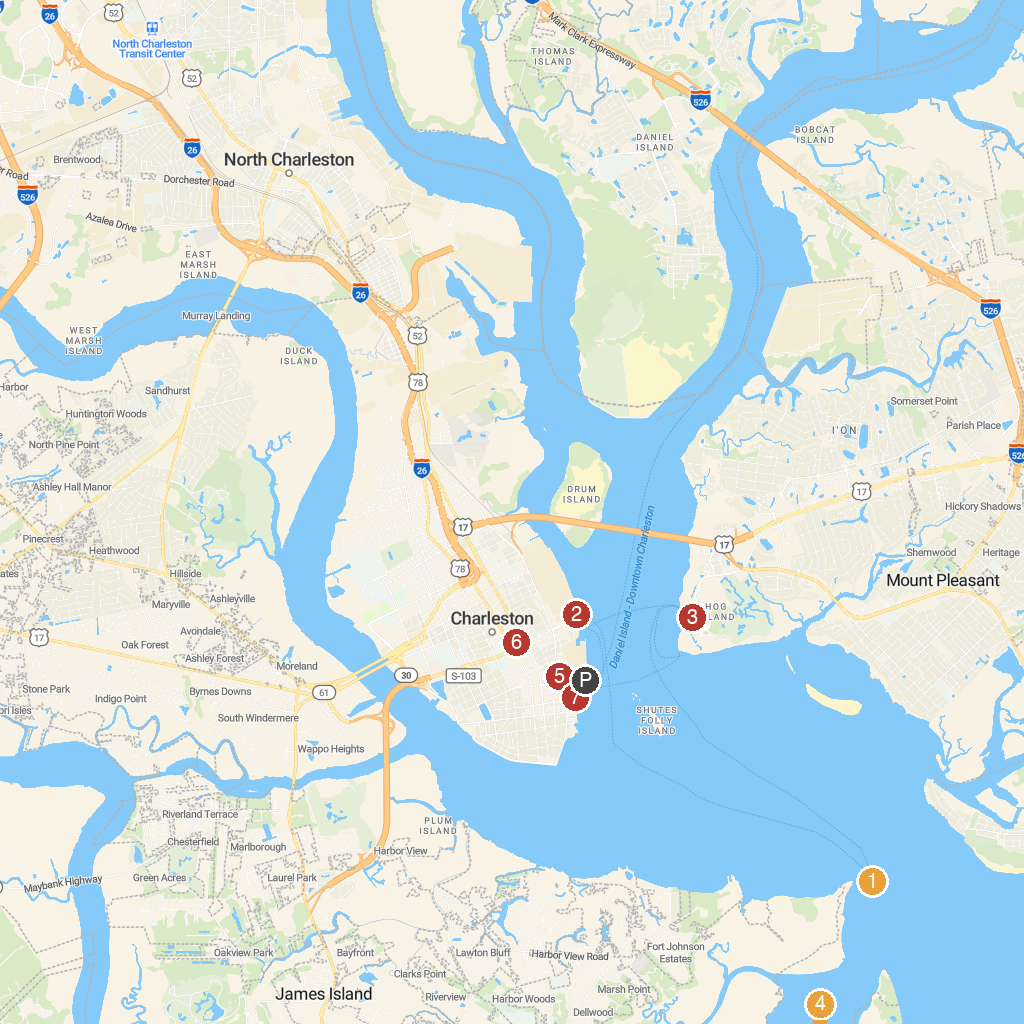 Charleston, South Carolina, USA map with numbered points of interest