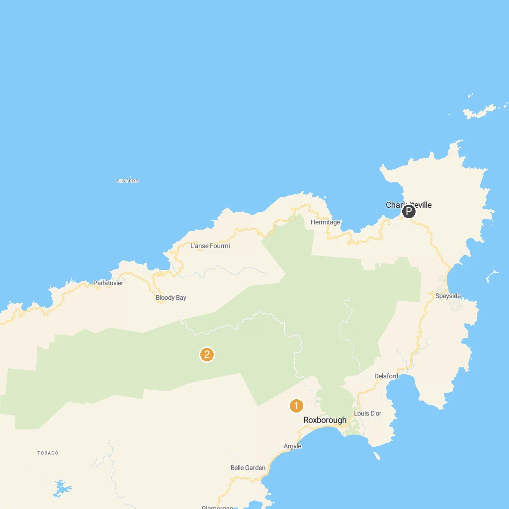 Charlotteville, Tobago, Trinidad and Tobago map with numbered points of interest