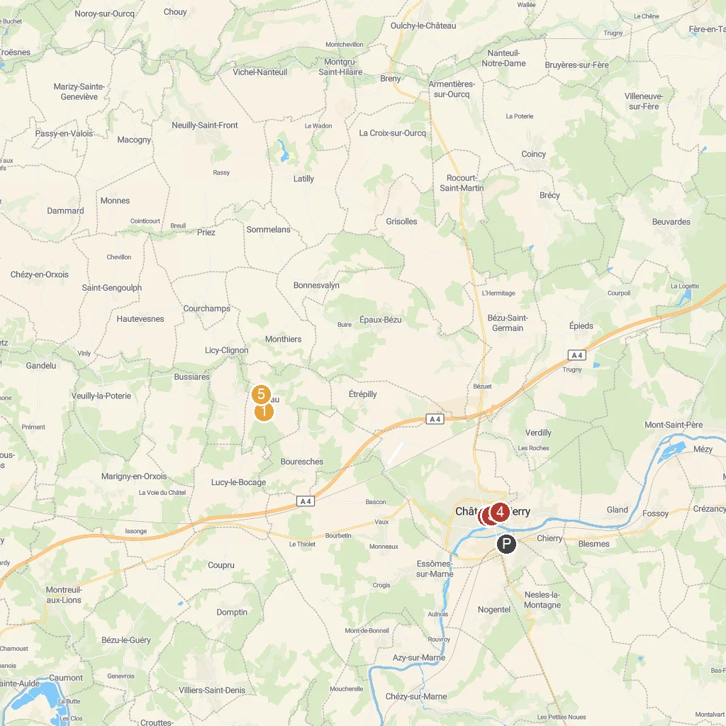 Château-Thierry, Aisne, France map with numbered points of interest