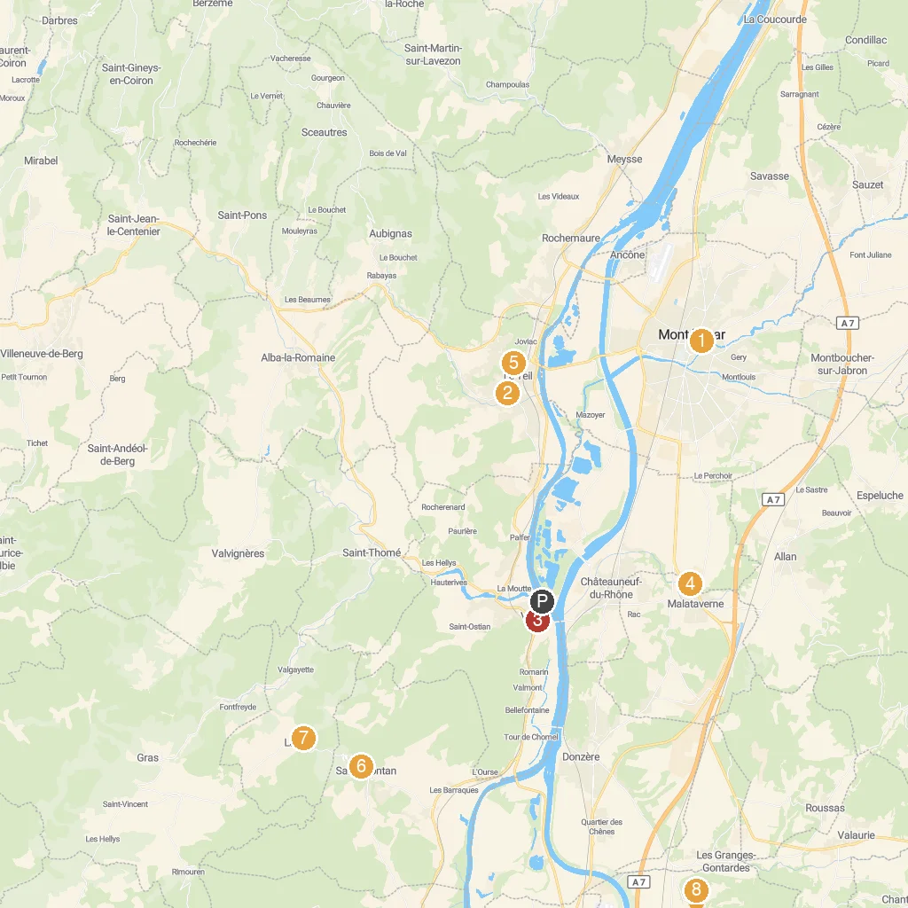 Châteauneuf-du-Rhône, Drôme, France map with numbered points of interest