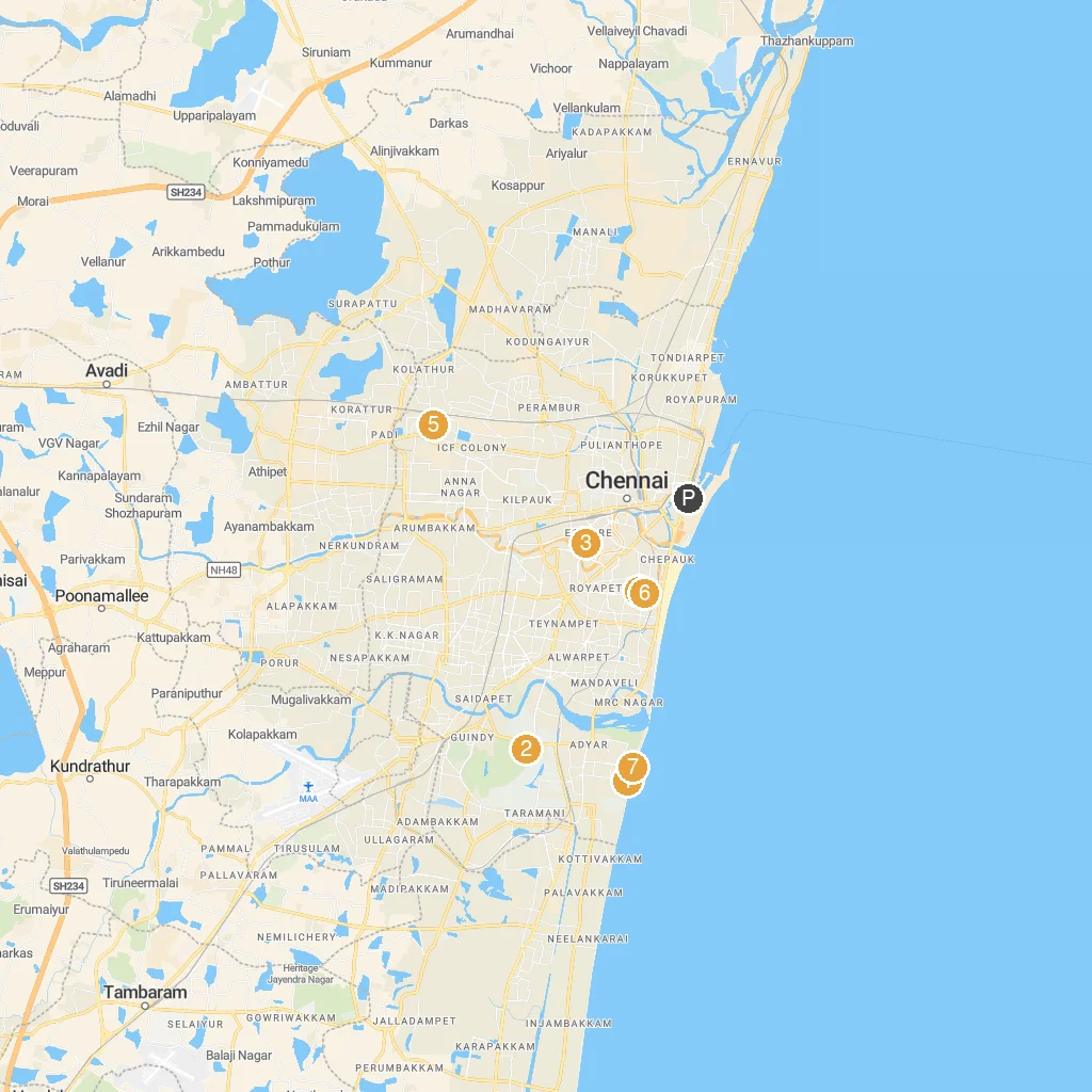 Chennai, Tamil Nadu, India map with numbered points of interest
