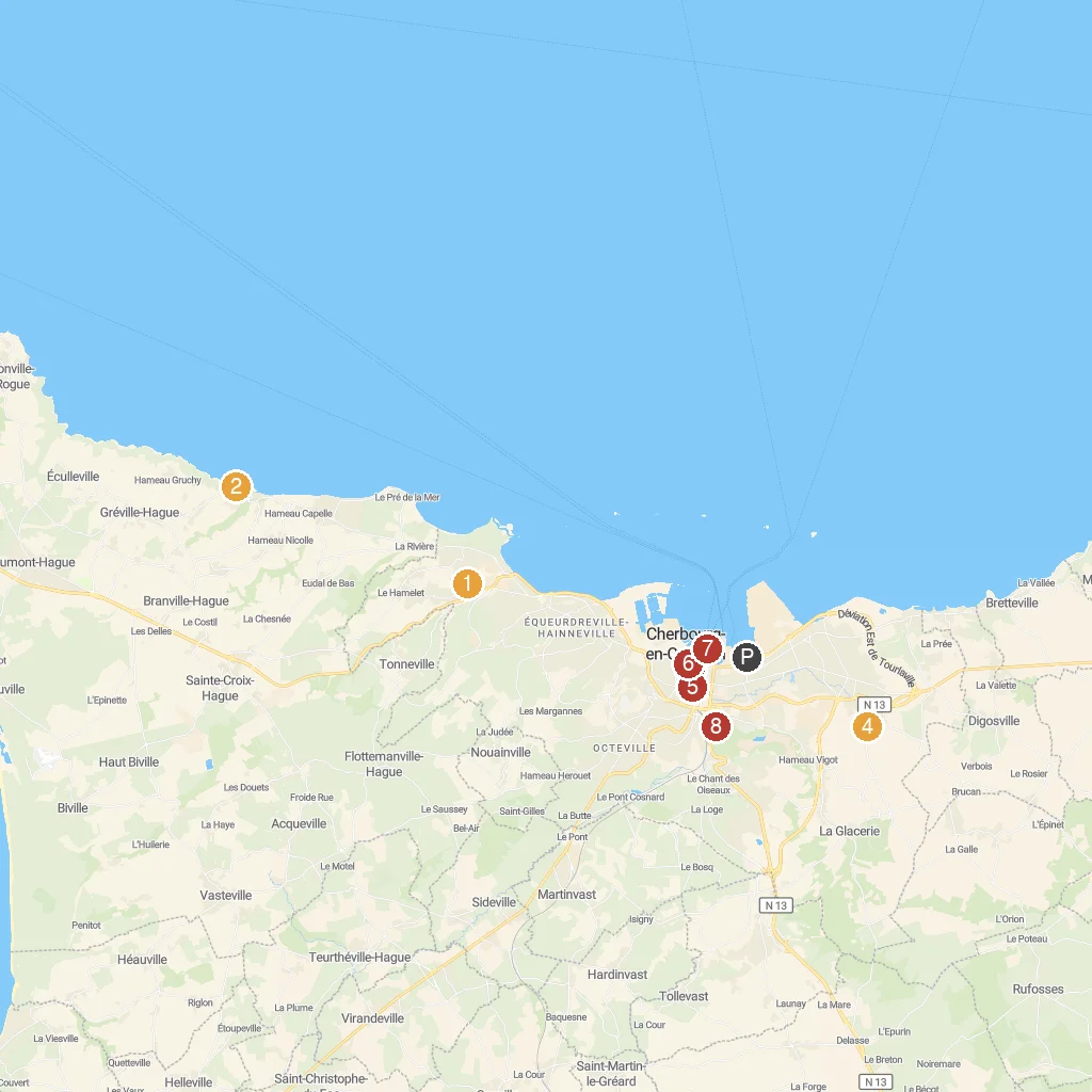 Cherbourg, France map with numbered points of interest