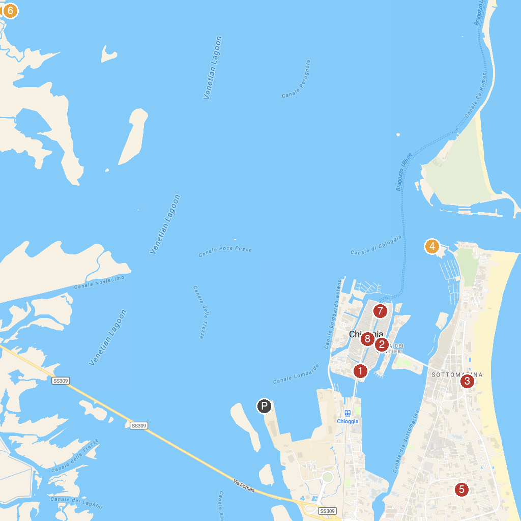 Chioggia, Veneto, Italy map with numbered points of interest