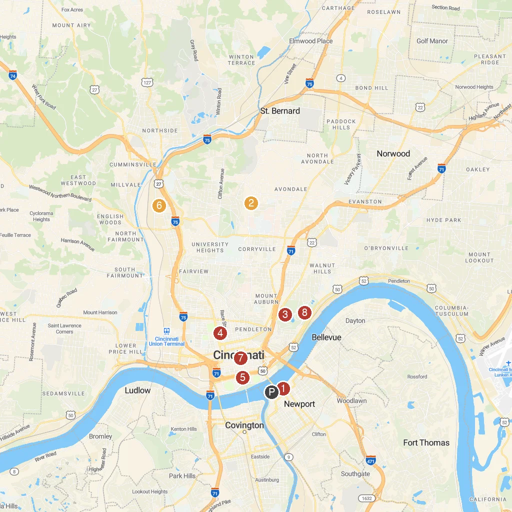 Cincinnati, Ohio, USA map with numbered points of interest