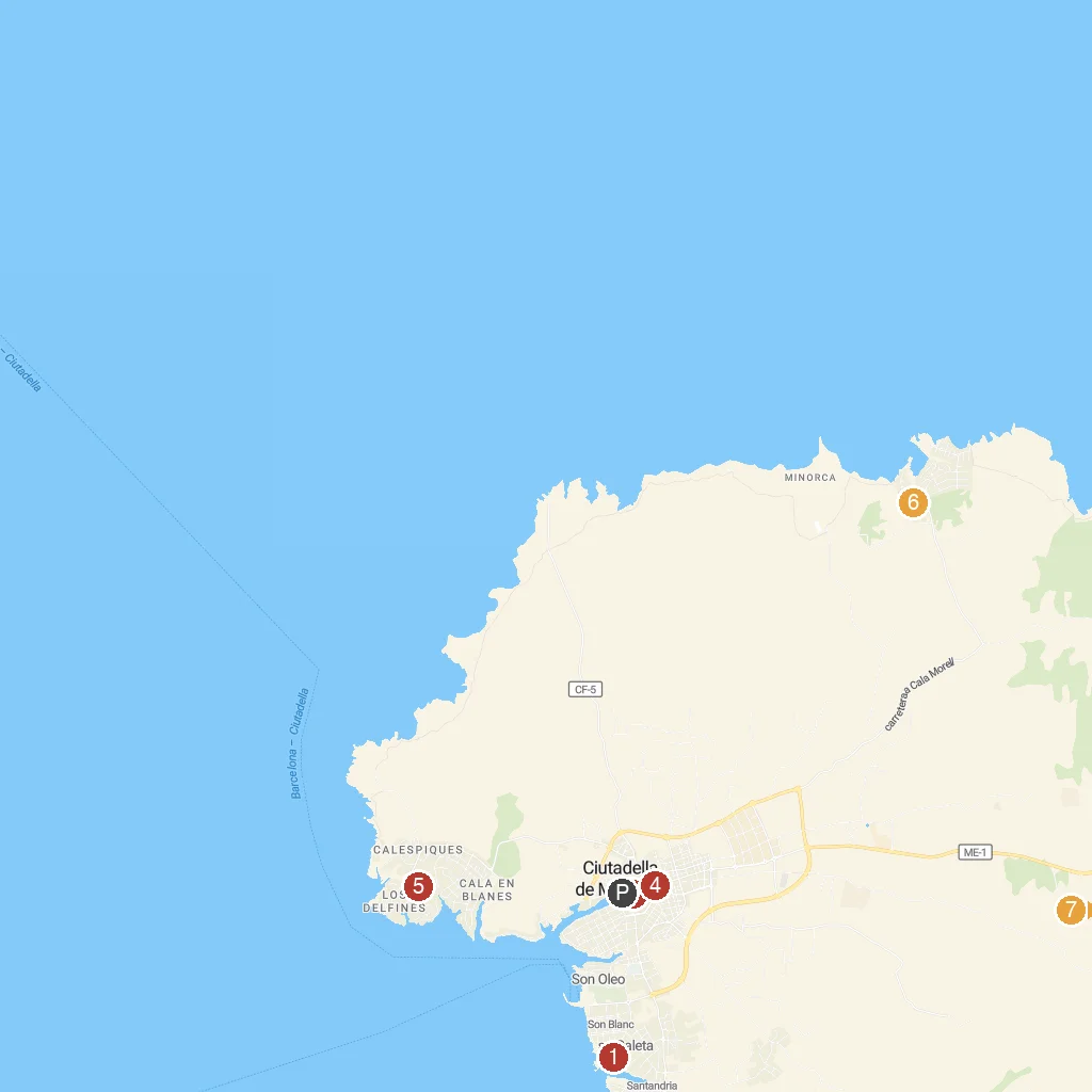 Ciutadella, Menorca, Spain map with numbered points of interest
