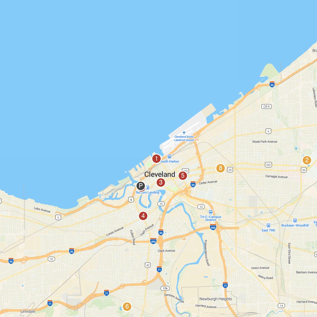 Cleveland, Ohio, USA map with numbered points of interest