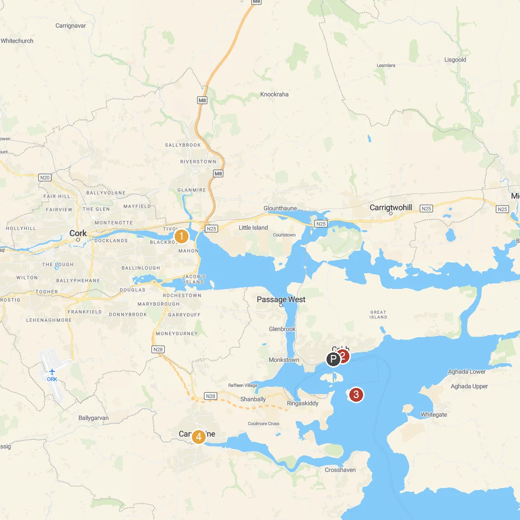Cobh, County Cork, Ireland map with numbered points of interest