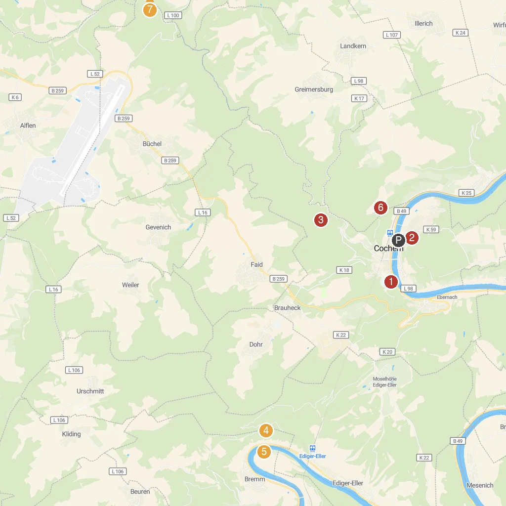 Cochem, Rhineland-Palatinate, Germany map with numbered points of interest