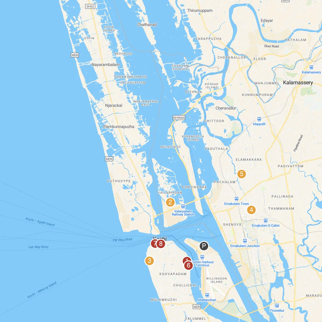 Kochi, Kerala, India map with numbered points of interest
