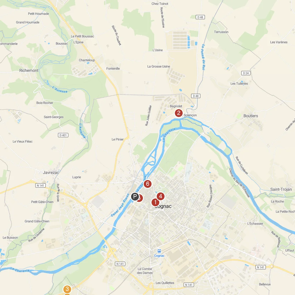 Cognac, Charente, France map with numbered points of interest