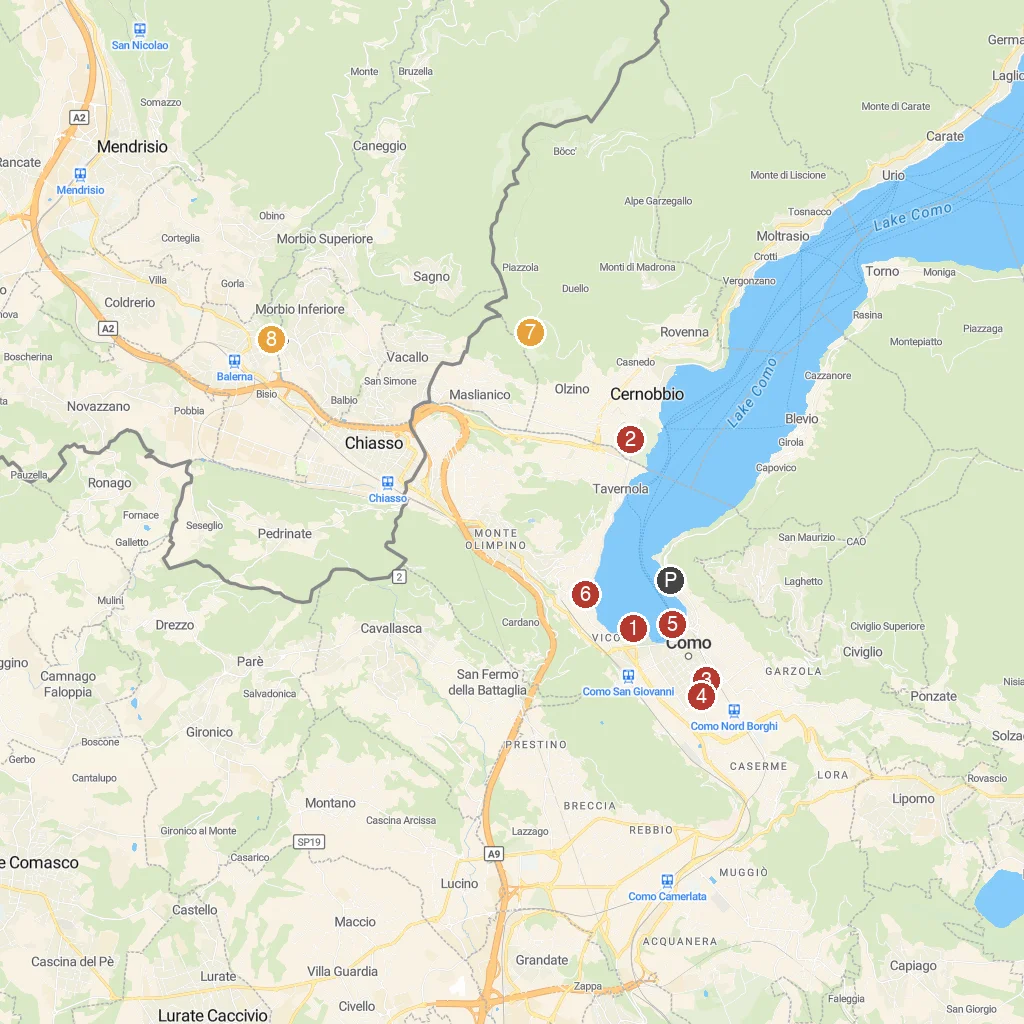 Como, Lombardy, Italy map with numbered points of interest