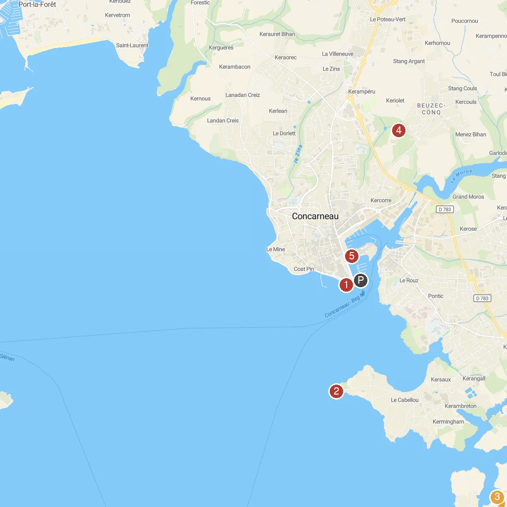 Concarneau, Brittany, France map with numbered points of interest