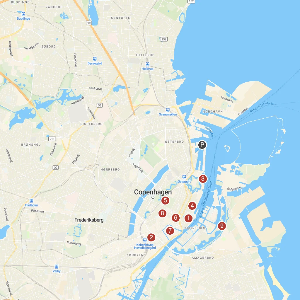 Copenhagen, Denmark map with numbered points of interest