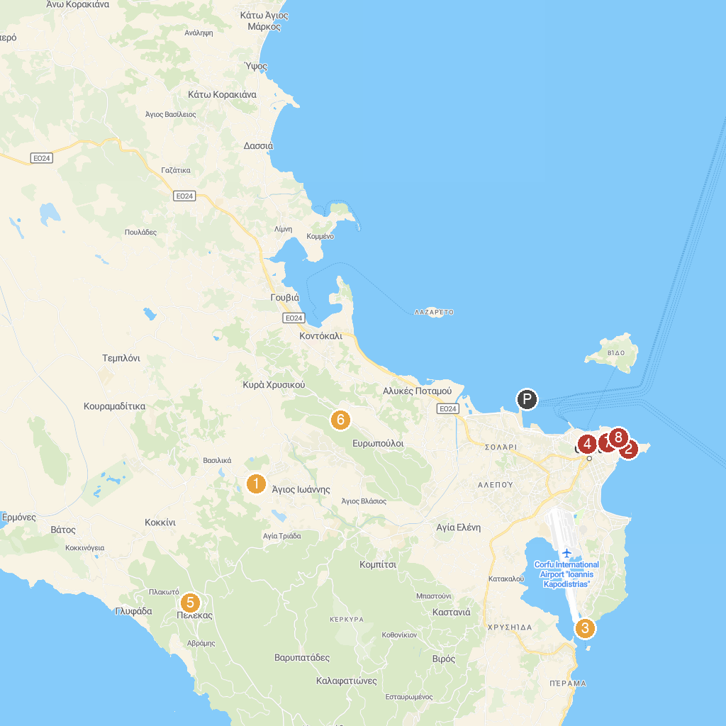 Corfu Island, Ionian Islands, Greece map with numbered points of interest