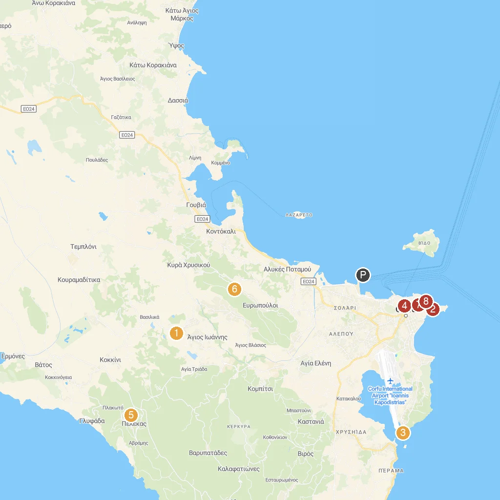 Corfu, Ionian Islands, Greece map with numbered points of interest
