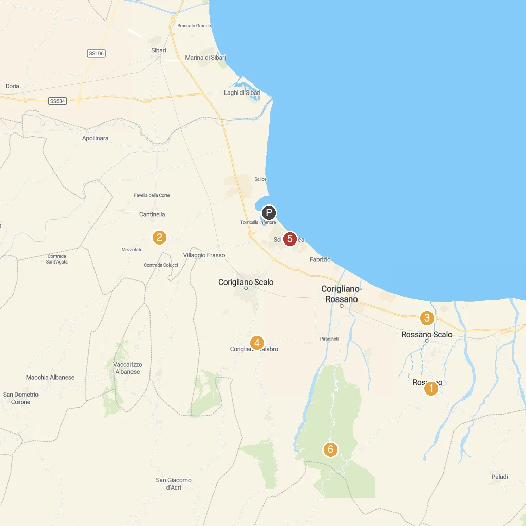 Corigliano Calabro, Calabria, Italy map with numbered points of interest