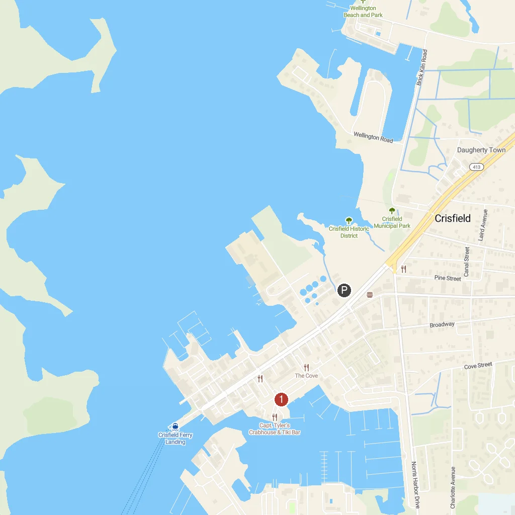 Crisfield, Maryland, USA map with numbered points of interest
