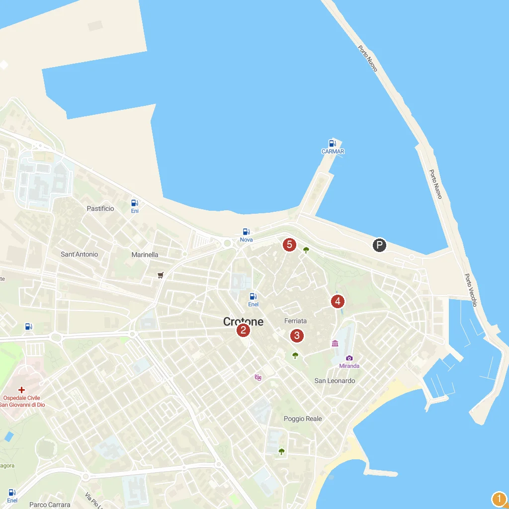 Crotone, Calabria, Italy map with numbered points of interest