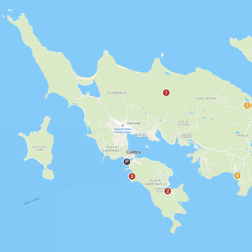 Culebra Island, Puerto Rico, USA map with numbered points of interest