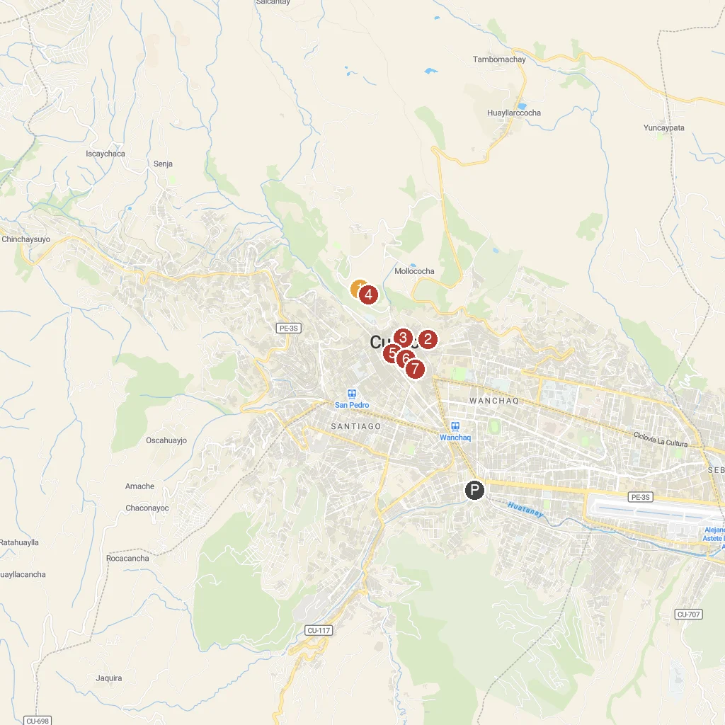 Cusco & Machu Picchu, Andes, Peru map with numbered points of interest