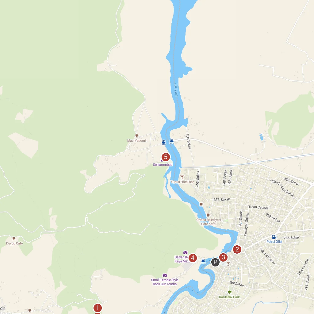 Dalyan, Muğla, Turkey map with numbered points of interest