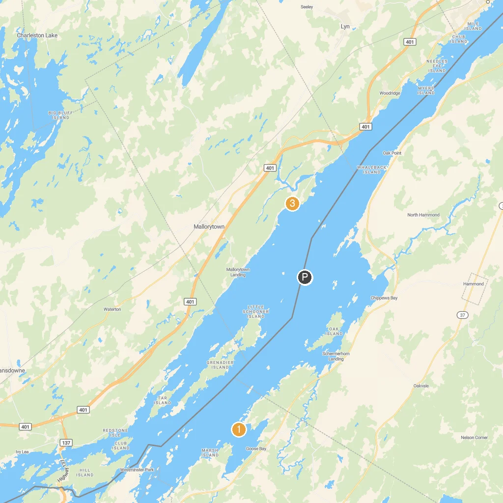 Dark Island, New York, USA map with numbered points of interest