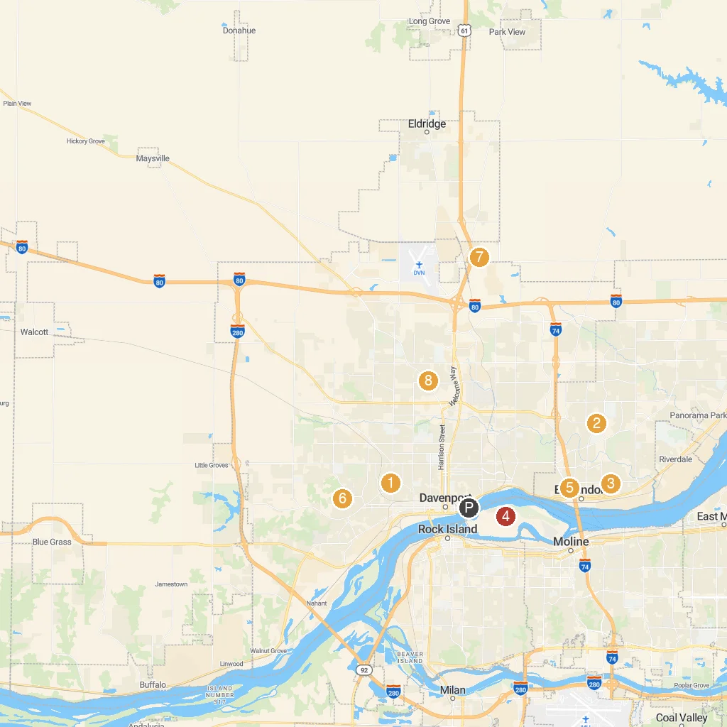Davenport, Iowa, USA map with numbered points of interest