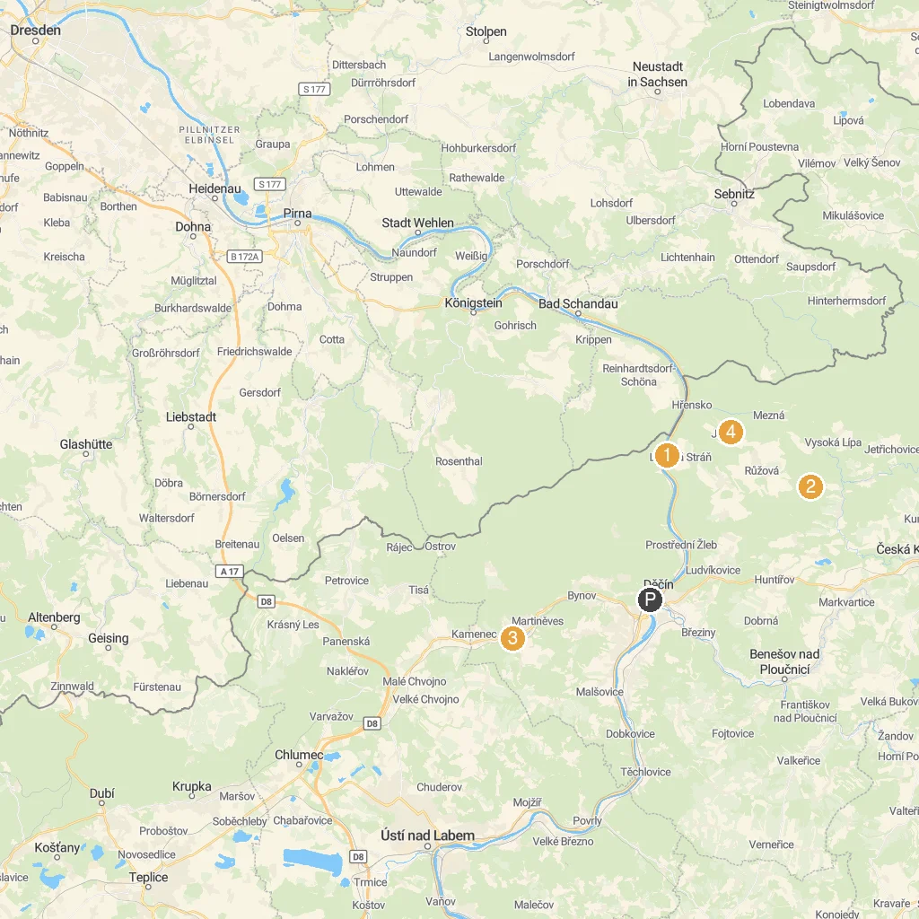Děčín, Ústí nad Labem Region, Czech Republic map with numbered points of interest