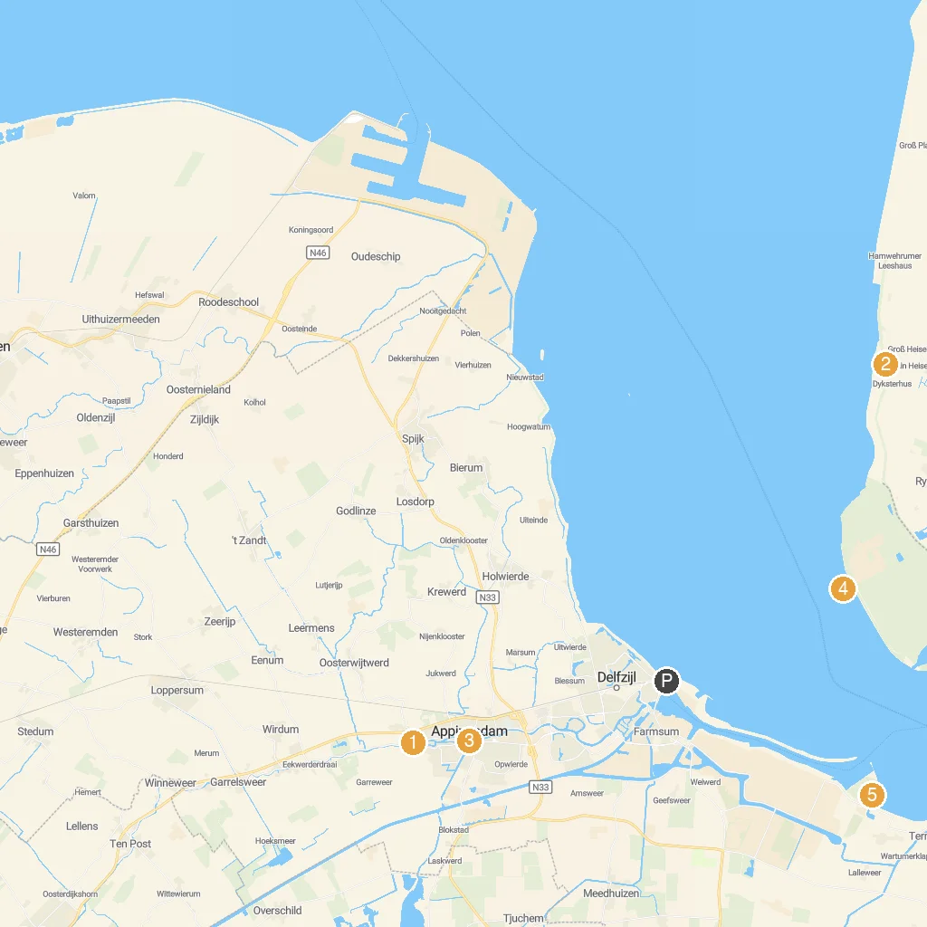 Delfzijl, Groningen, Netherlands map with numbered points of interest